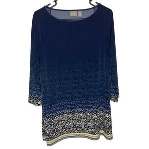 Chicos Womens Tunic Top Size S 0 Blue Ombre Animal Print Slit Boat 3/4 Sleeve